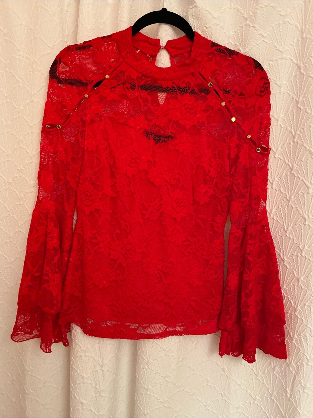 Boston Proper Red Lace Bell-Sleeve Blouse with Gold Studs